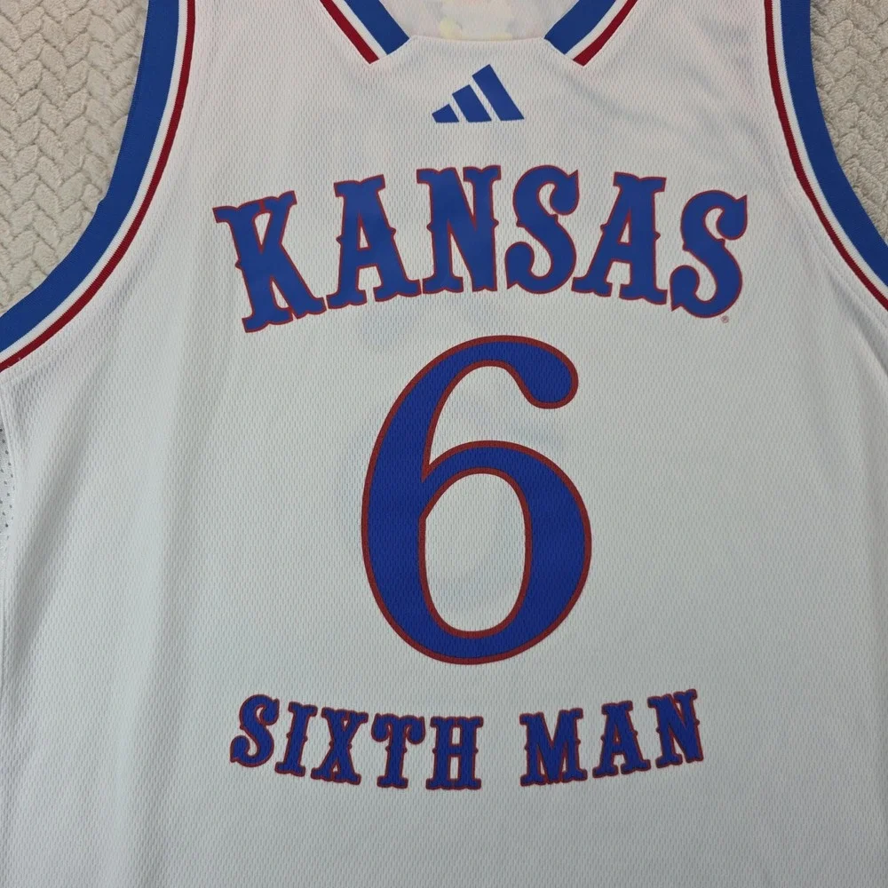 Adidas Kansas Jayhawks Sixth Man Band Basketball Jersey White Mens Large 6